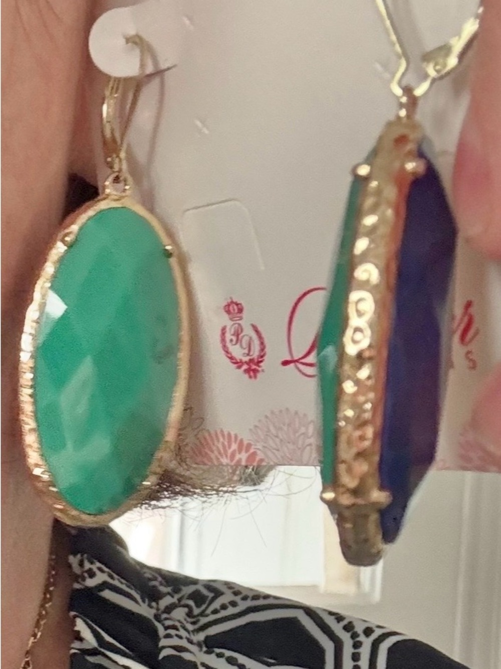 Elegant Gold-Trim Green & Blue Oval Drop Earrings